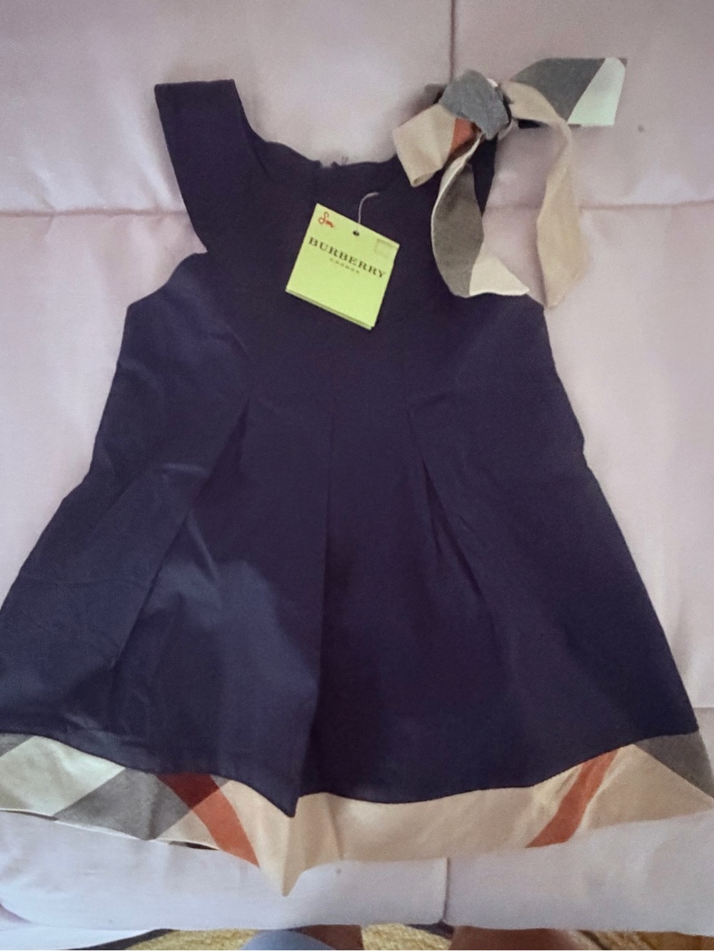 Burberry Navy Dress with Beige and Tan Check Accent